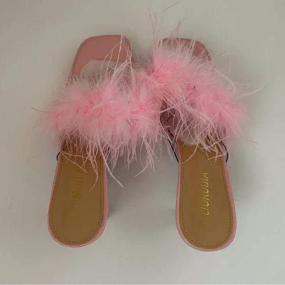 LIURUIJIA Square Toe Feathers High Heel Fur Mules Sandals Size 44 (US 11.5) - Picture 5 of 10